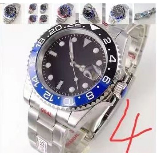 Black Blue/Blue Red Insert Automatic Men Watch 40mm Case Brush Steel Bracelet Date Magnifier