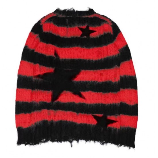 Black Stripe Sweaters Destroyed Ripped Sweater Pullover