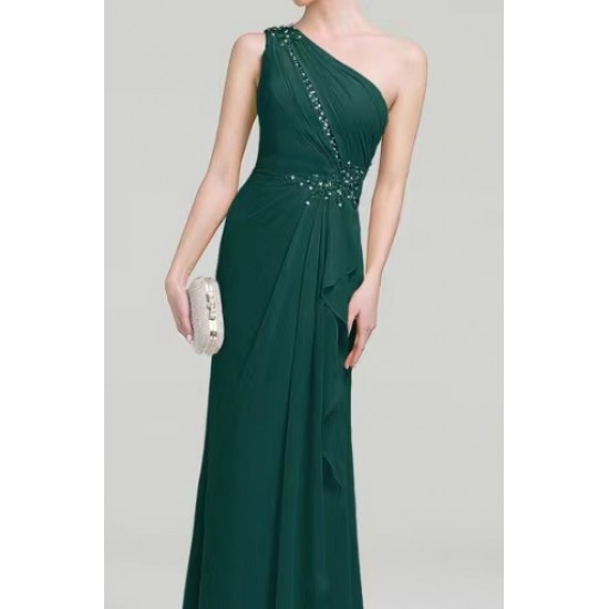 Sheath/column OneShoulder Floor-LengthChiffon Evening Dress WithBeading Cascading RufflesAppliques Lace Sequins