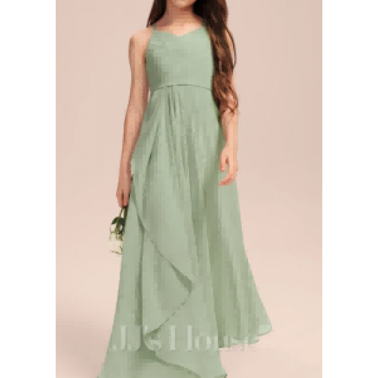 A line V Neck Floor Length Chiffon Junior Bridesmaid Dress With Cascading