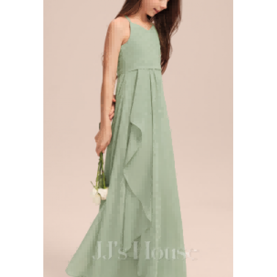 A line V Neck Floor Length Chiffon Junior Bridesmaid Dress With Cascading