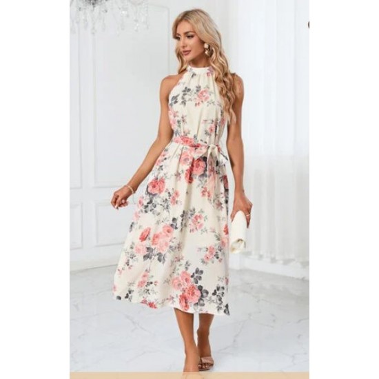 Ruffle Floral Print Halter High Neck Vacation A-line Satin Asymmetrical Midi Dresses