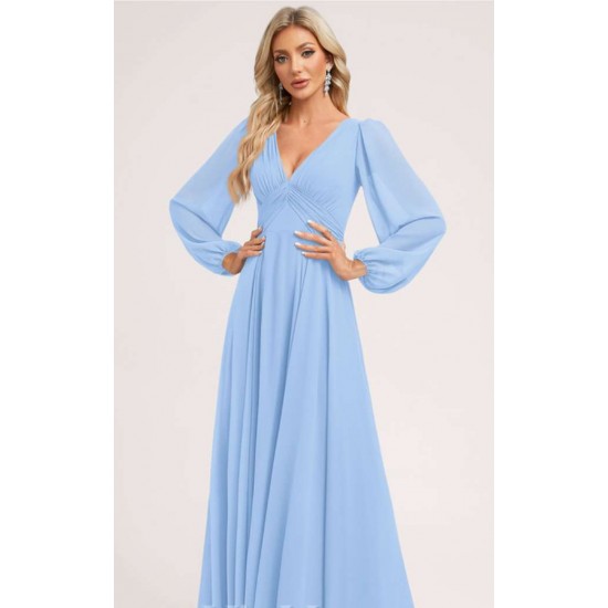 A line V Neck Asymmetrical Chiffon Bridesmaid Dress With Ruffle