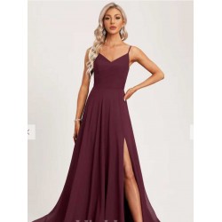  A line V Neck Floor Length Chiffon Bridesmaid Dress With Ruffle