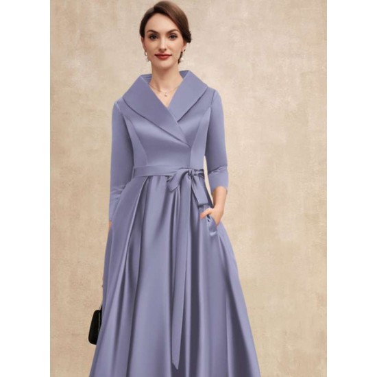 A-line V-Neck Asymmetrical Satin Mother of the Bride Dress With Bow