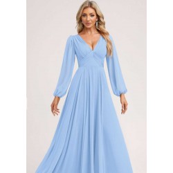 A line V Neck Tea Length Chiffon Bridesmaid Dress With Cascading Ruffles ﻿