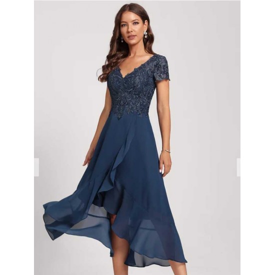 A line V Neck Asymmetrical Chiffon Lace Sequin Cocktail Dress With Pleated