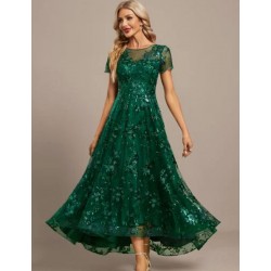 A line Scoop Illusion Floor Length Chiffon Lace Evening Dress With Sequins