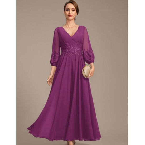 A line V Neck Ankle Length Lace Satin Mother of the Bride Dress With Rhine