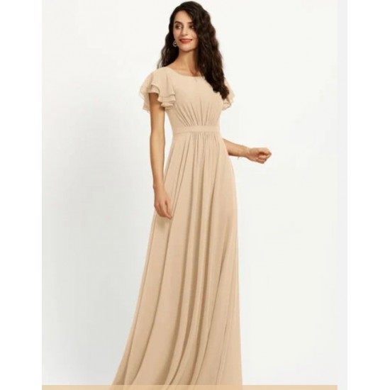 A line Scoop Floor Length Chiffon Bridesmaid Dress With Ruffle