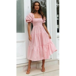 Women Spring Summer Style Dress Lady Casual Short Lantern Sleeve Square Collar Plaid Printed Dress SS3889
