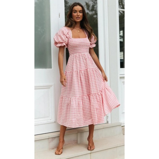 Women Spring Summer Style Dress Lady Casual Short Lantern Sleeve Square Collar Plaid Printed Dress SS3889