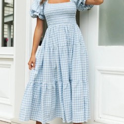 Women Spring Summer Style Dress Lady Casual Short Lantern Sleeve Square Collar Plaid Printed Dress SS3889