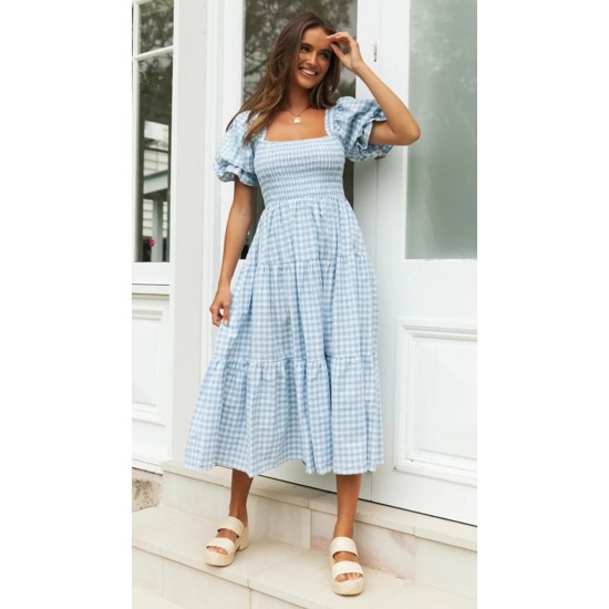 Women Spring Summer Style Dress Lady Casual Short Lantern Sleeve Square Collar Plaid Printed Dress SS3889