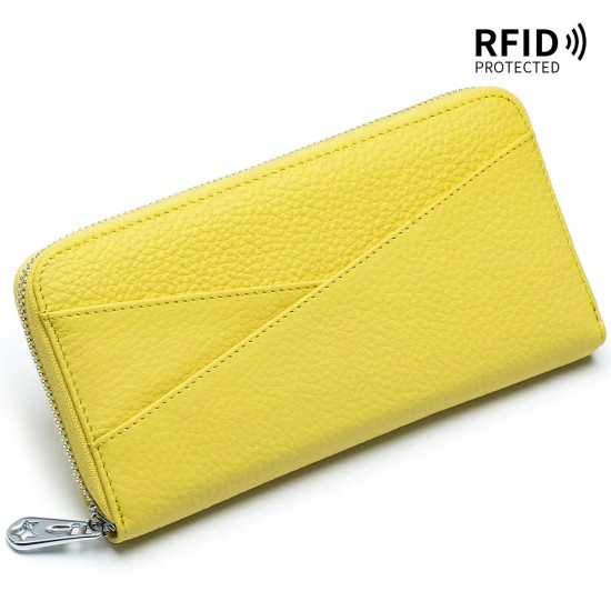 Long Genuine Leather Wallet Large Capacity RFID Anti-theft Top Layer Cowhide Purses for Women Ladies Clutch Bag Mobile Phone Bag