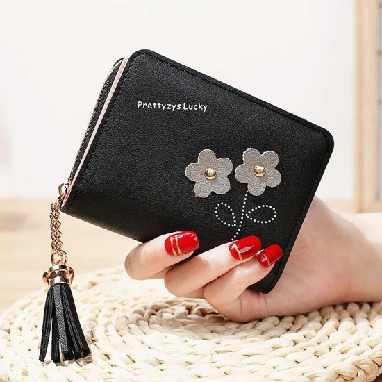 Flower Tassel Zipper Women Wallet Leather Short Coin Purse Cards Holder Money Bags Mini Wallet Flower Wallets Girls Carteira