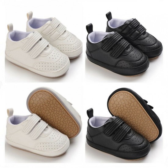 Newborn Baby Boy Crib Shoes Infant White Black PreWalker Trainers Rubber Sneaker