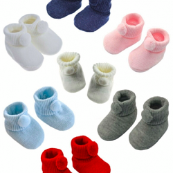 Baby Boy Girl Booties Pom Pom Knitted Navy White Blue Pink Cream Grey Red Unisex