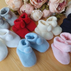 Baby Boy Girl Booties Pom Pom Knitted Navy White Blue Pink Cream Grey Red Unisex