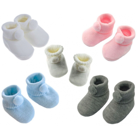 Baby Boy Girl Booties Pom Pom Knitted Navy White Blue Pink Cream Grey Red Unisex