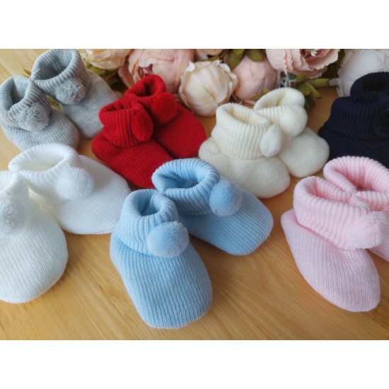 Baby Boy Girl Booties Pom Pom Knitted Navy White Blue Pink Cream Grey Red Unisex