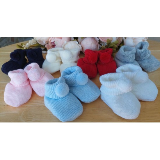 Baby Boy Girl Booties Pom Pom Knitted Navy White Blue Pink Cream Grey Red Unisex