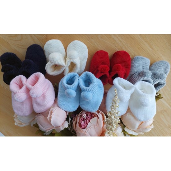 Baby Boy Girl Booties Pom Pom Knitted Navy White Blue Pink Cream Grey Red Unisex