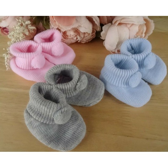 Baby Boy Girl Booties Pom Pom Knitted Navy White Blue Pink Cream Grey Red Unisex