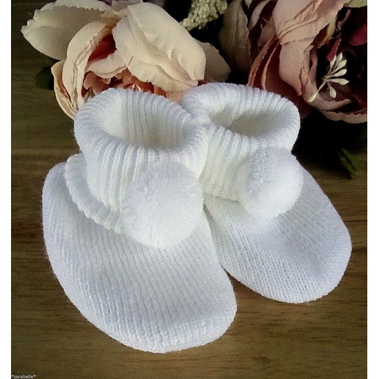 Baby Boy Girl Booties Pom Pom Knitted Navy White Blue Pink Cream Grey Red Unisex