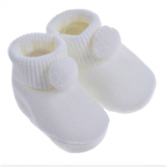 Baby Boy Girl Booties Pom Pom Knitted Navy White Blue Pink Cream Grey Red Unisex