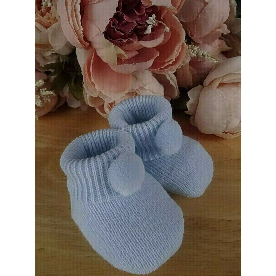 Baby Boy Girl Booties Pom Pom Knitted Navy White Blue Pink Cream Grey Red Unisex