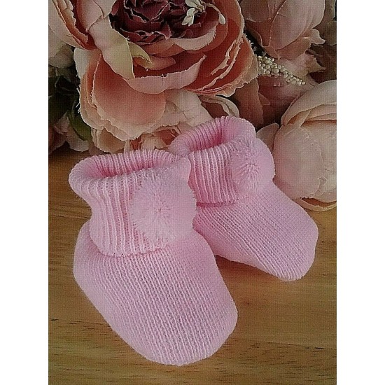 Baby Boy Girl Booties Pom Pom Knitted Navy White Blue Pink Cream Grey Red Unisex