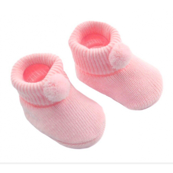 Baby Boy Girl Booties Pom Pom Knitted Navy White Blue Pink Cream Grey Red Unisex