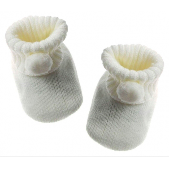 Baby Boy Girl Booties Pom Pom Knitted Navy White Blue Pink Cream Grey Red Unisex