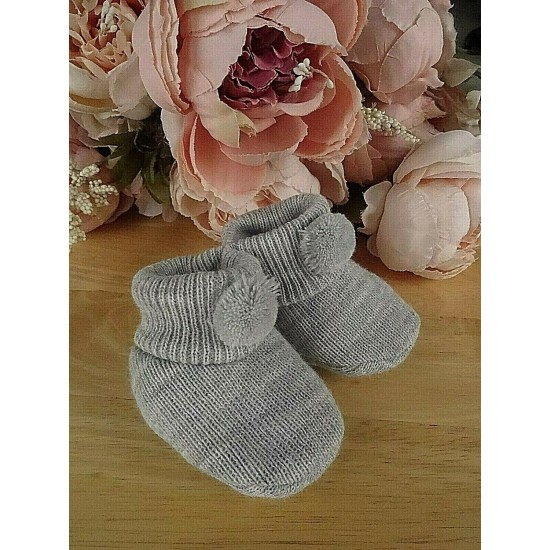 Baby Boy Girl Booties Pom Pom Knitted Navy White Blue Pink Cream Grey Red Unisex