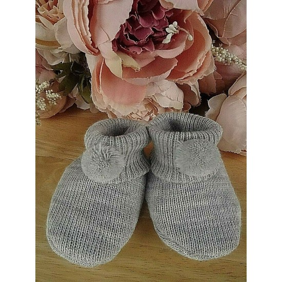 Baby Boy Girl Booties Pom Pom Knitted Navy White Blue Pink Cream Grey Red Unisex