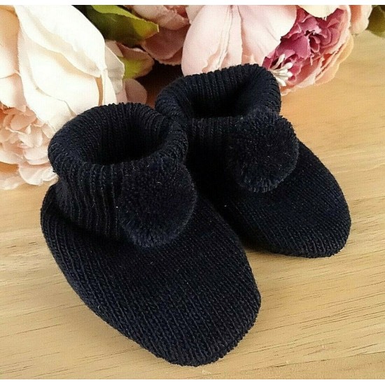 Baby Boy Girl Booties Pom Pom Knitted Navy White Blue Pink Cream Grey Red Unisex