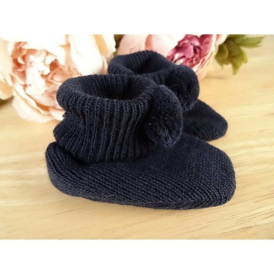 Baby Boy Girl Booties Pom Pom Knitted Navy White Blue Pink Cream Grey Red Unisex