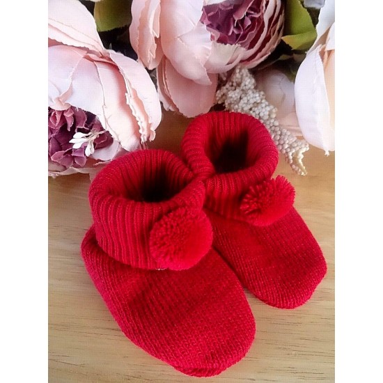 Baby Boy Girl Booties Pom Pom Knitted Navy White Blue Pink Cream Grey Red Unisex