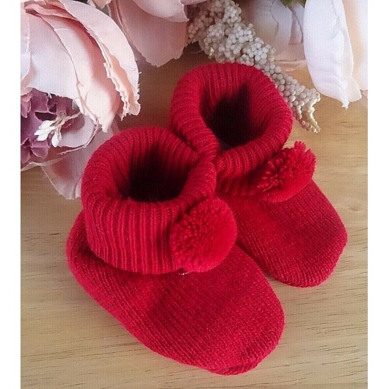 Baby Boy Girl Booties Pom Pom Knitted Navy White Blue Pink Cream Grey Red Unisex