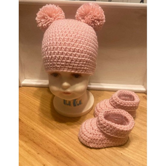 Crochet Knitted Baby Pom Pom Hat And Booties Set Girl Boy Beanie Shoes 3 Sizes 