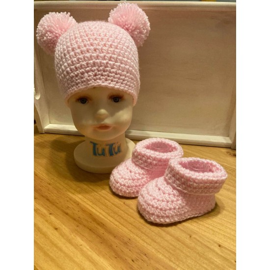 Crochet Knitted Baby Pom Pom Hat And Booties Set Girl Boy Beanie Shoes 3 Sizes 