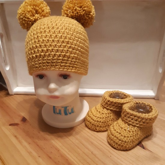 Crochet Knitted Baby Pom Pom Hat And Booties Set Girl Boy Beanie Shoes 3 Sizes 