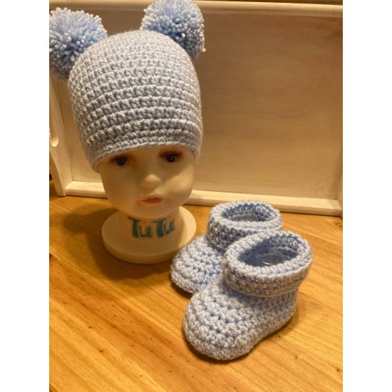 Crochet Knitted Baby Pom Pom Hat And Booties Set Girl Boy Beanie Shoes 3 Sizes 