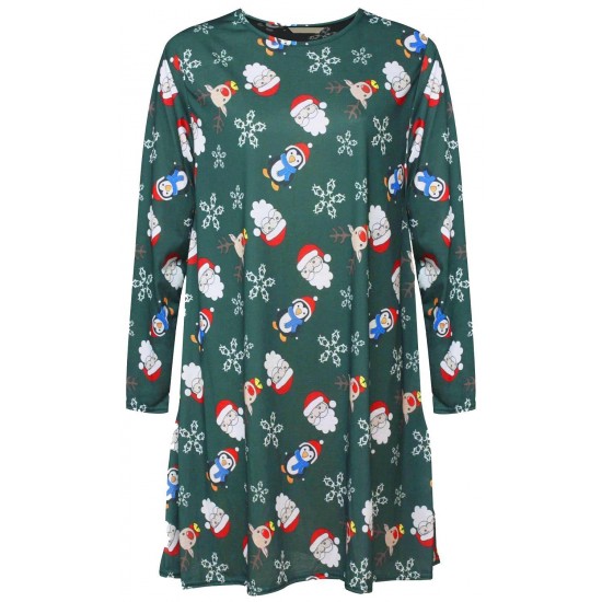 WOMENS LADIES GINGERBREAD SNOWMAN XMAS FLARE XMAS SWING DRESS PLUS SIZE