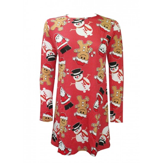 WOMENS LADIES GINGERBREAD SNOWMAN XMAS FLARE XMAS SWING DRESS PLUS SIZE