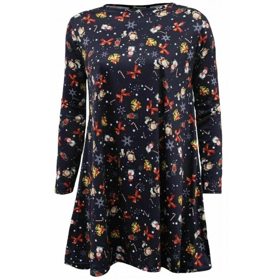 WOMENS LADIES GINGERBREAD SNOWMAN XMAS FLARE XMAS SWING DRESS PLUS SIZE