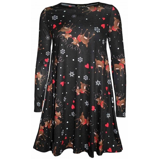 WOMENS LADIES GINGERBREAD SNOWMAN XMAS FLARE XMAS SWING DRESS PLUS SIZE