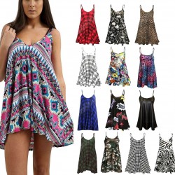 Women Camisole Print Flared Skater Strappy Vest Top Swing Mini Summer Dress