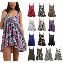 Women Camisole Print Flared Skater Strappy Vest Top Swing Mini Summer Dress